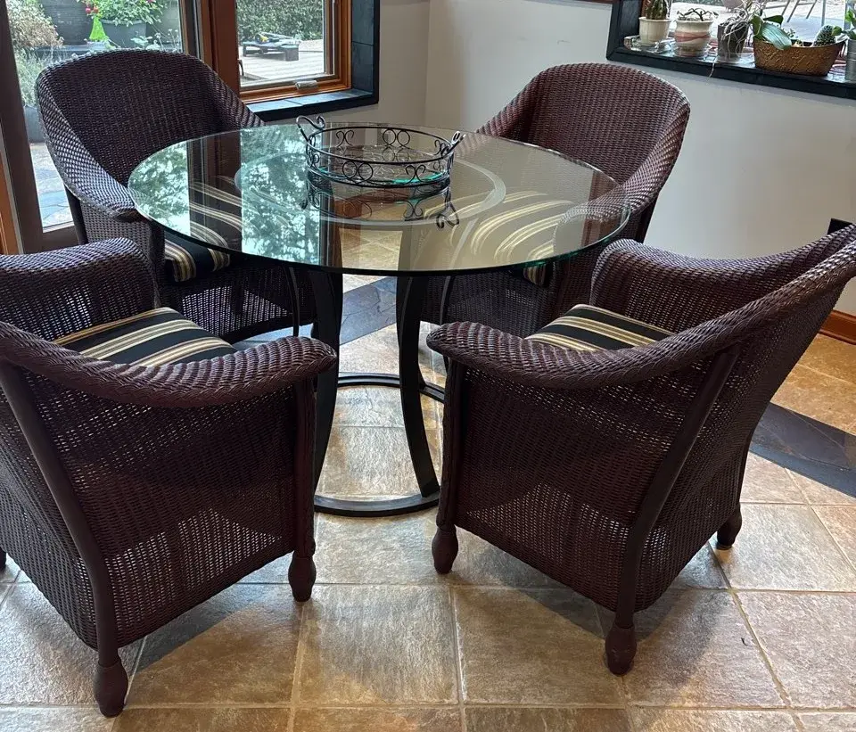 Glass & Metal Table With Four Rattan Chairs