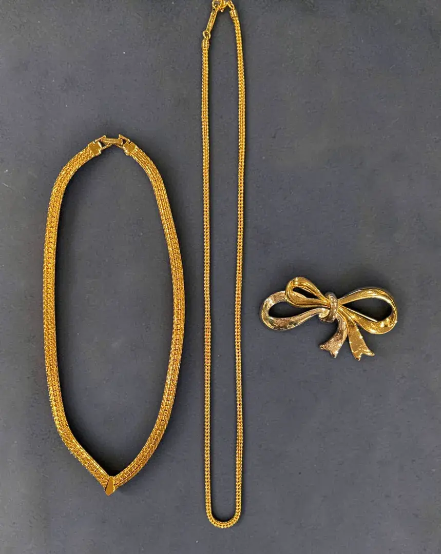 Napier Herringbone Necklace & Gold Tone Necklace With Bow Brooch