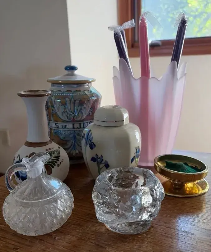 Vintage Glass & Ceramic Decor Lot Italian Maiolica Jar Otagiri Iris Frosted Glass⁠