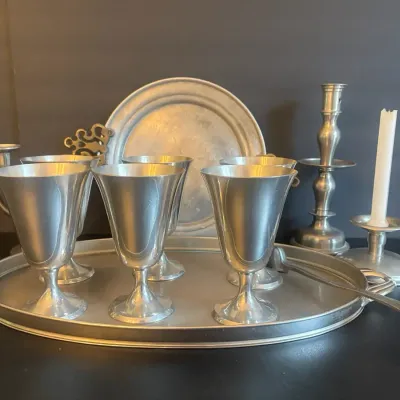 Stieff Pewter Wine Goblets, Candleholders And Trays