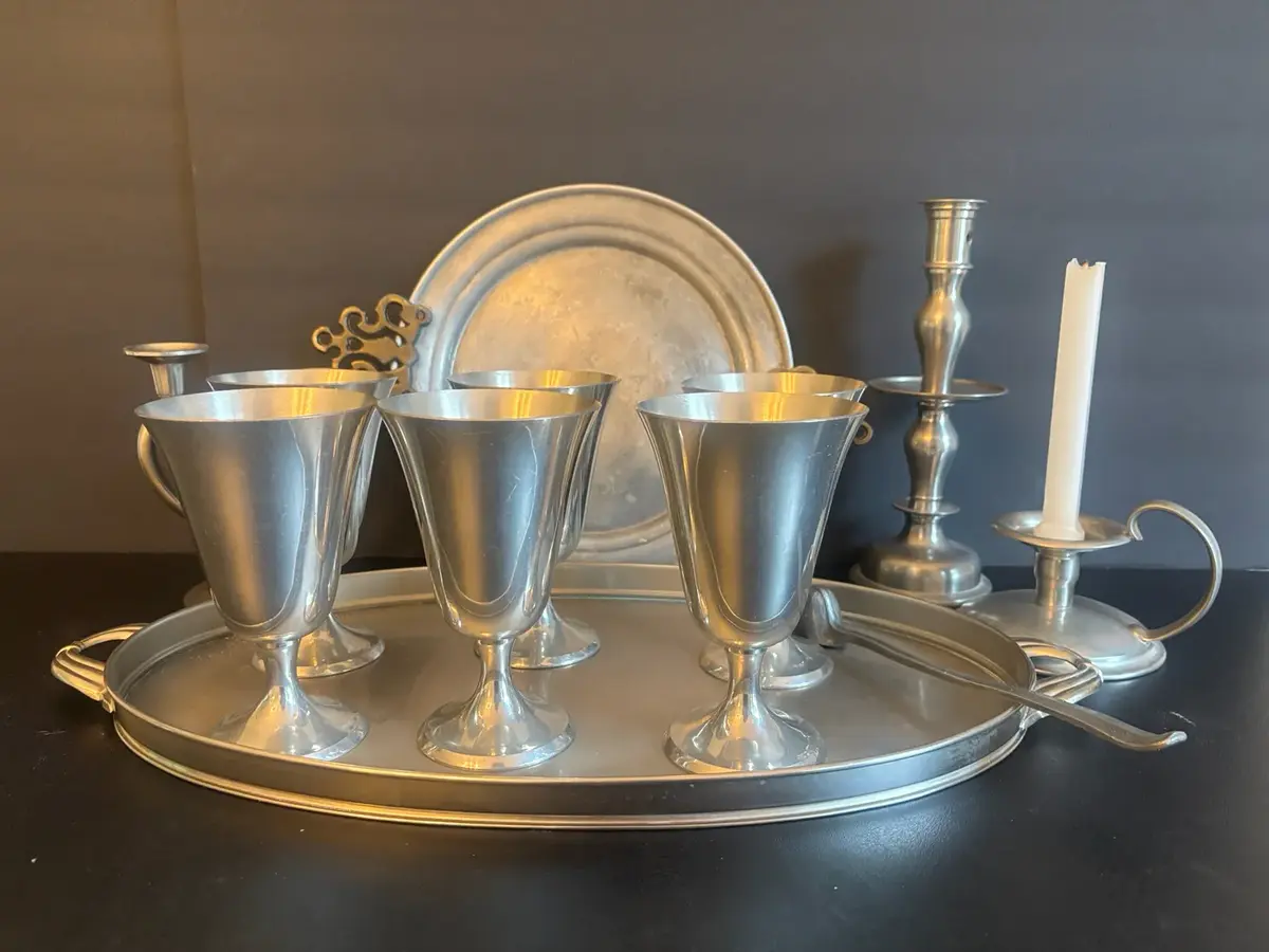 Stieff Pewter Wine Goblets, Candleholders And Trays