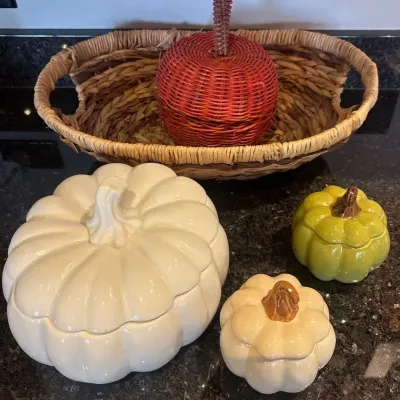 Ceramic Lidded Pumpkins And Woven Basket