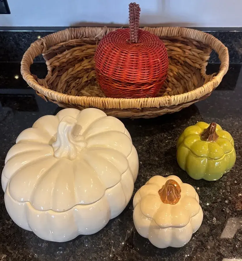 Ceramic Lidded Pumpkins And Woven Basket