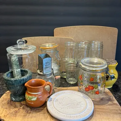 Wood Cutting Board, Mason Jars And Glass Canisters