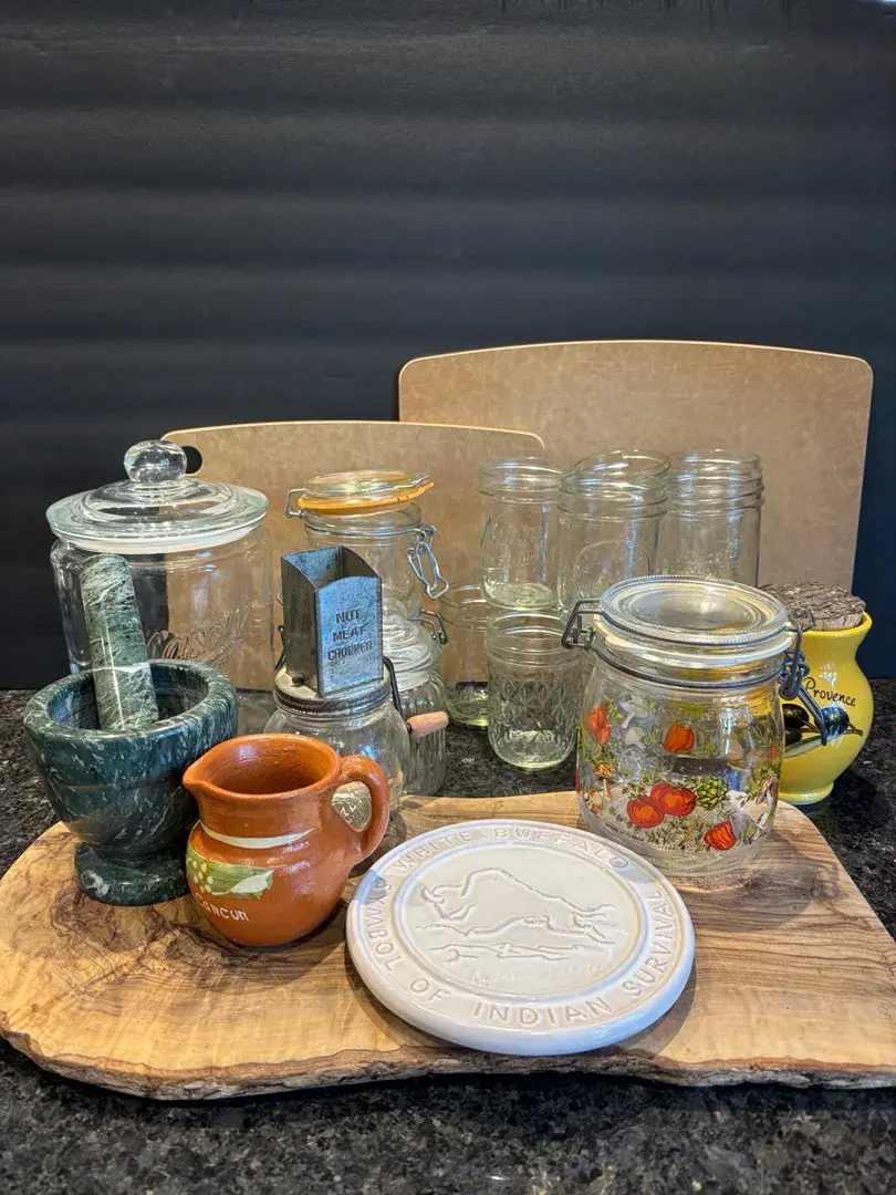 Wood Cutting Board, Mason Jars And Glass Canisters