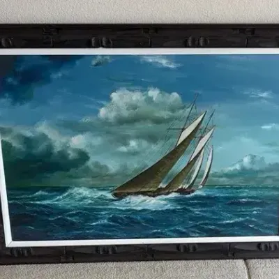 Nautical Schooner Sailboat Oil Painting Signed Wenly Carved Wood Frame 43”x31⁠”