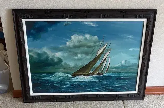 Nautical Schooner Sailboat Oil Painting Signed Wenly Carved Wood Frame 43”x31⁠”