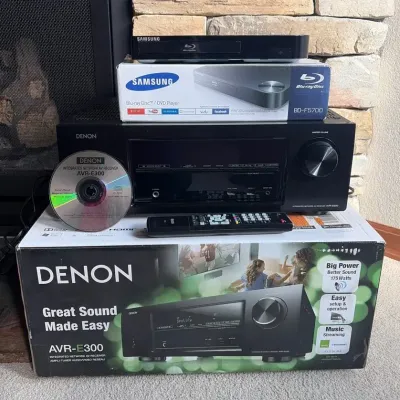 Denon AVR-E300 5.1 AV Receiver + Samsung Wi-Fi Blu-ray Player Bundle - Tested W/ Boxes