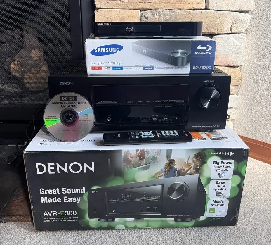 Denon AVR-E300 5.1 AV Receiver + Samsung Wi-Fi Blu-ray Player Bundle - Tested W/ Boxes