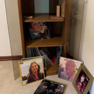 Retro Oak Audio Cabinet w/ Smoked Glass Doors & Vinyl Albums