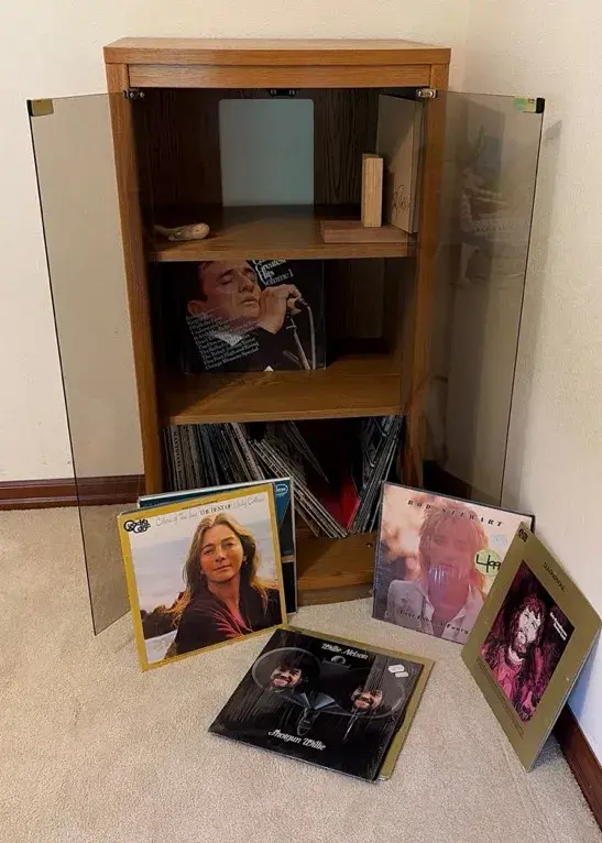 Retro Oak Audio Cabinet w/ Smoked Glass Doors & Vinyl Albums