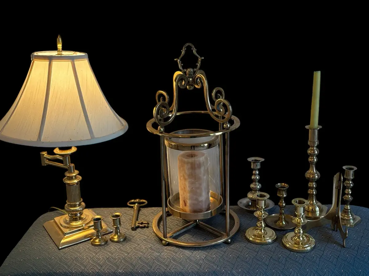 Brass Swing Arm Lamp & Candleholders