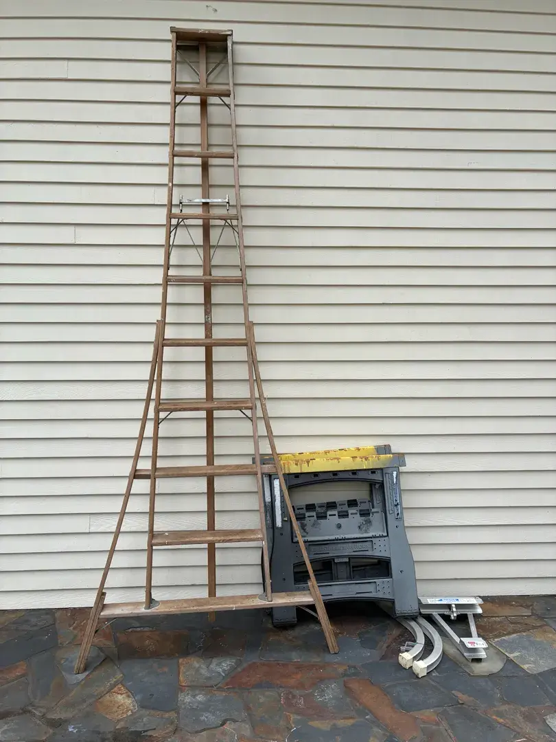 Wooden A Frame Ladder And Folding Sawhorses 