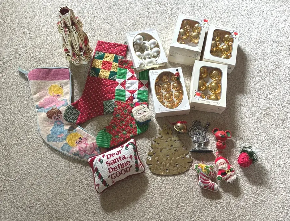 Vintage Christmas Stockings And Glass Ornaments 
