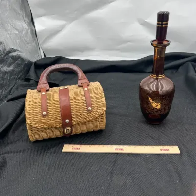 Vintage Wicker Satchel with Bohemian Glass Decanter 