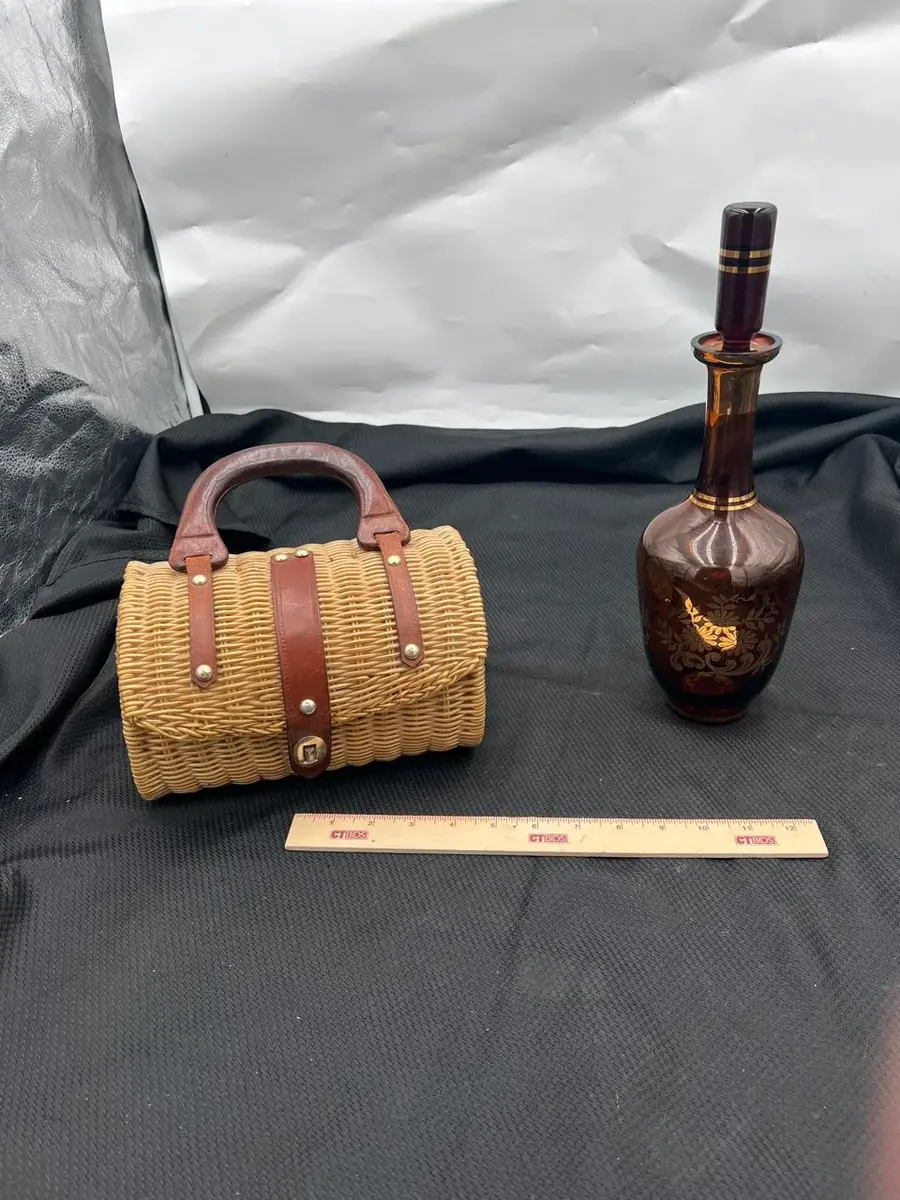 Vintage Wicker Satchel with Bohemian Glass Decanter 