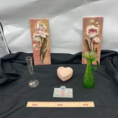 Vintage Lot of Ceramic, Pink Alabaster, and Uranium Glass