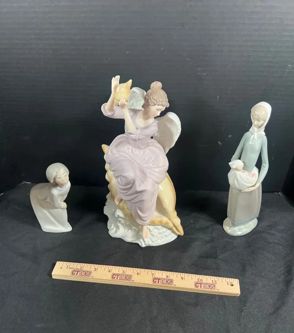 Lladro “Girl Crossing”, Lladro Style Girl Holding an Apron, Grandeur Noel Angel Figure