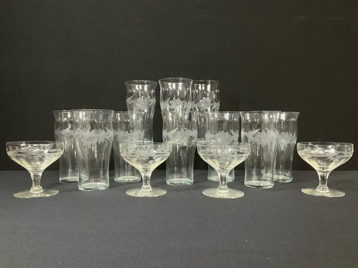 14 Piece Etched Floral Glassware