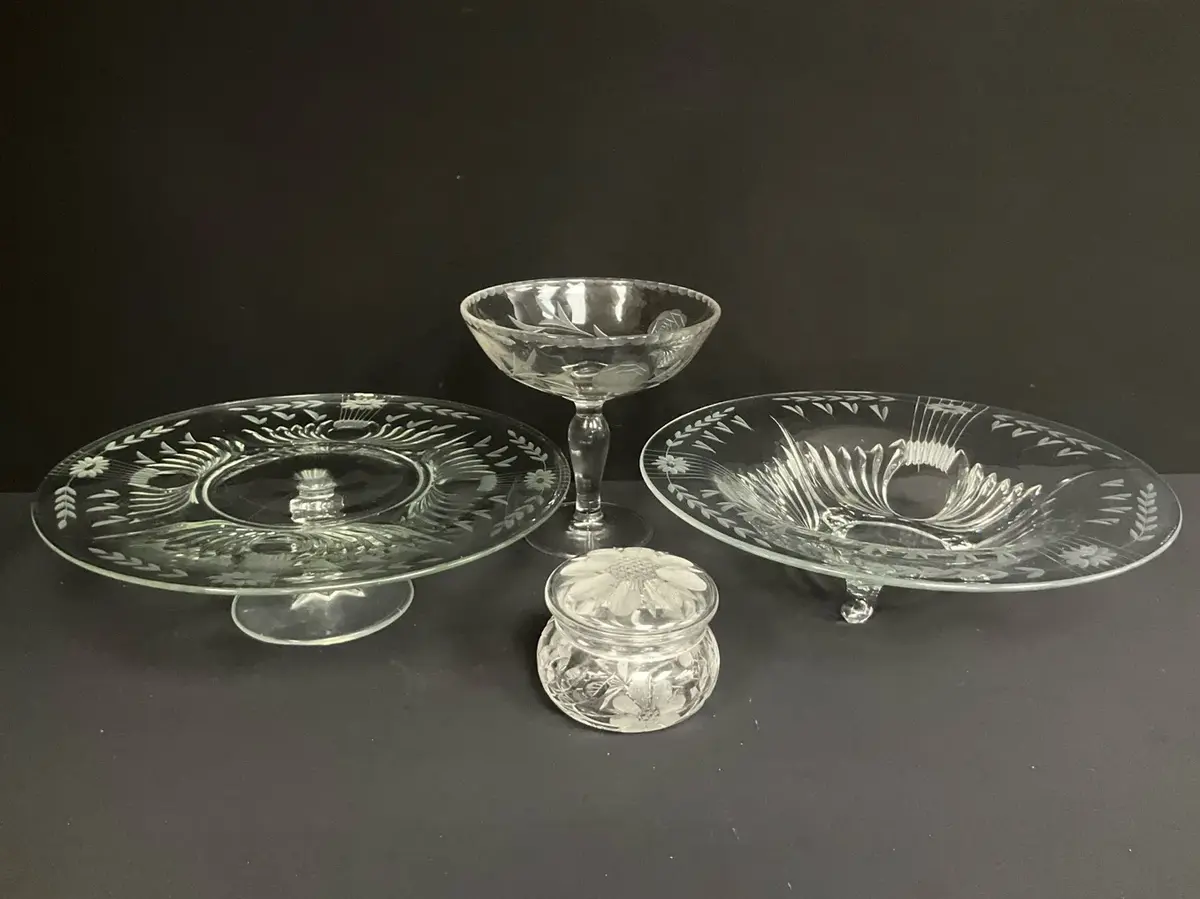 Etched Floral Clear Glass Hostess Set