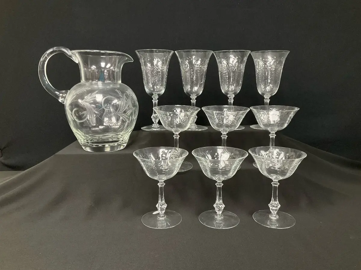 Vintage Cut Crystal Pitcher and Stemmed Glasses