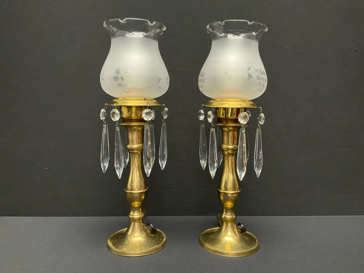 Two Brass Astral Lamps With Hanging Prisms