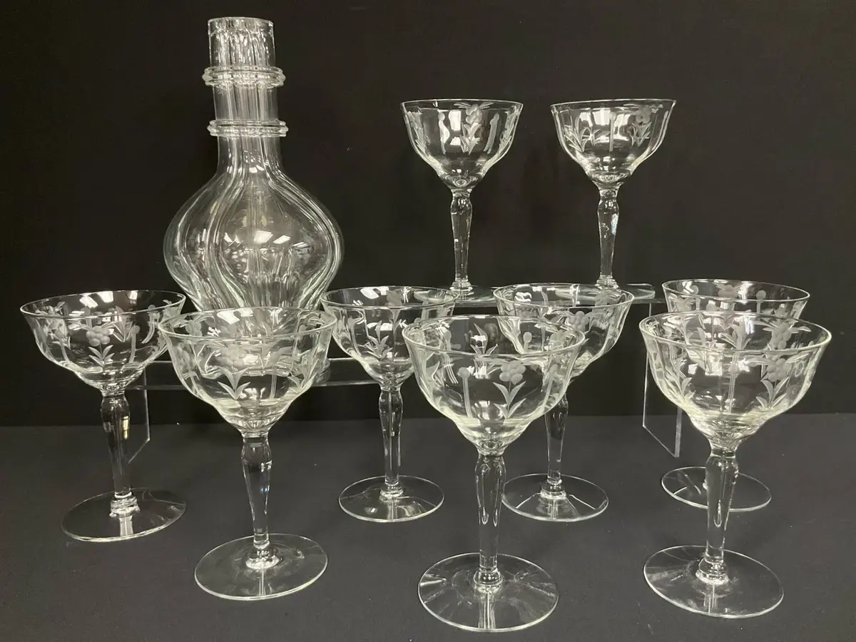 9 Piece Etched Floral Glassware And Bottle