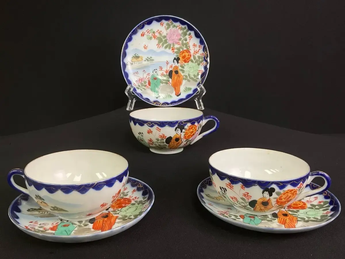 Japanese Painted Porcelain Teacup And Saucer Set Of 3