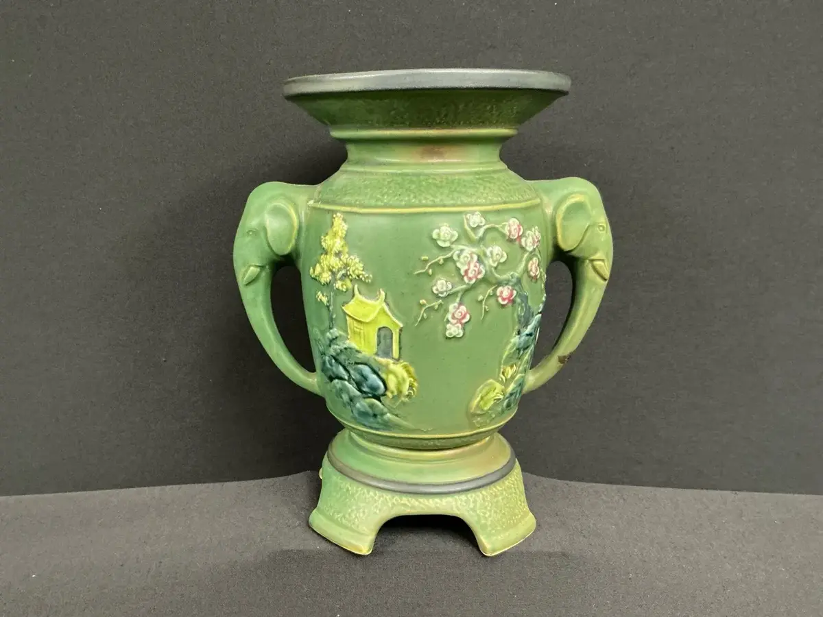 Green Pottery Vase With Elephants 