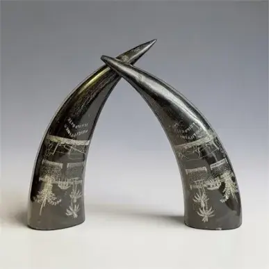 2 Vintage Hand Engraved Water Buffalo Horns *