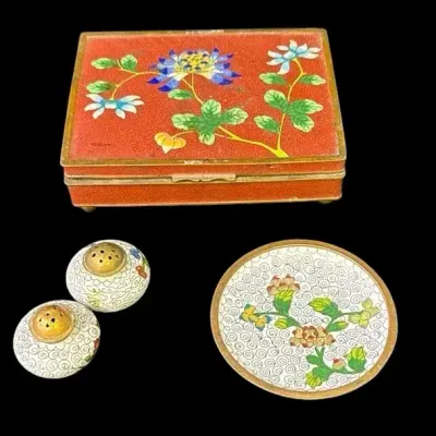Vintage Lacquer Chinese Cloisonne Lot * Trinket Box & Plate* Salt & Pepper Shakers * 