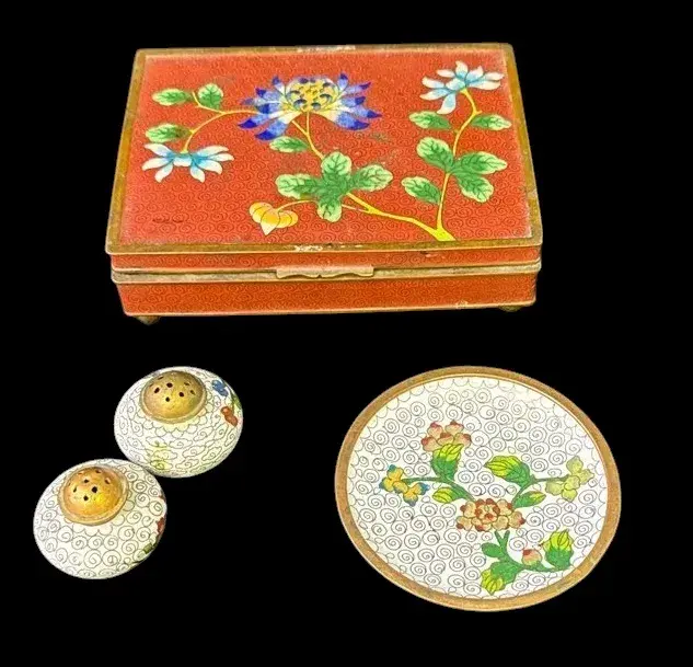 Vintage Lacquer Chinese Cloisonne Lot * Trinket Box & Plate* Salt & Pepper Shakers * 