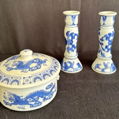 Two Blue And White Floral Ceramic Chinoiserie 6” Candle Holder * Vintage Chinoiserie Lidded Bowl *