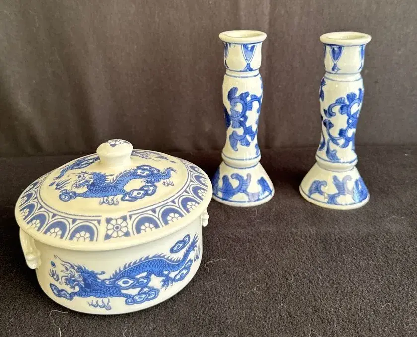 Two Blue And White Floral Ceramic Chinoiserie 6” Candle Holder * Vintage Chinoiserie Lidded Bowl *