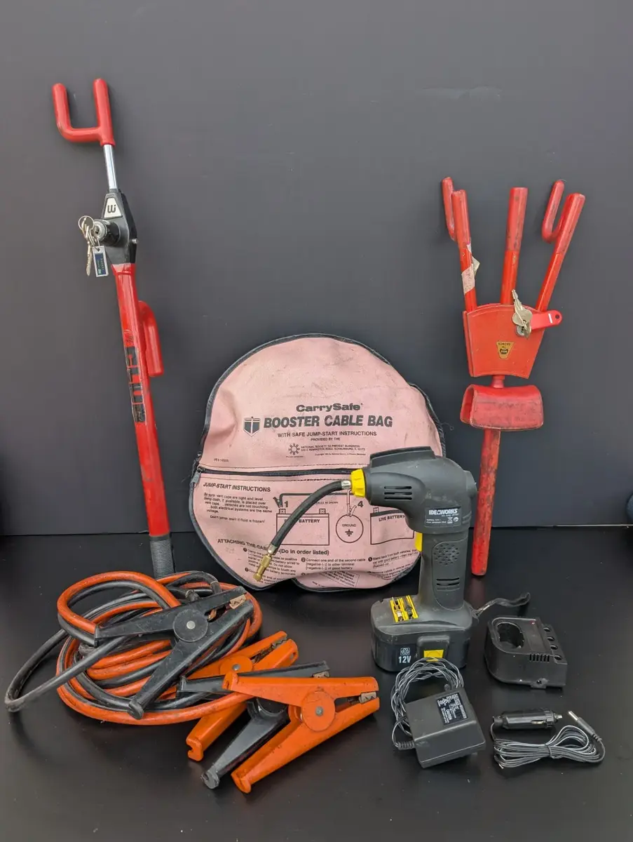 Automotive Emergency & Security Lot – The Club, The Auto Answer Wheel Lock, Jumper Cables & 12V Infl