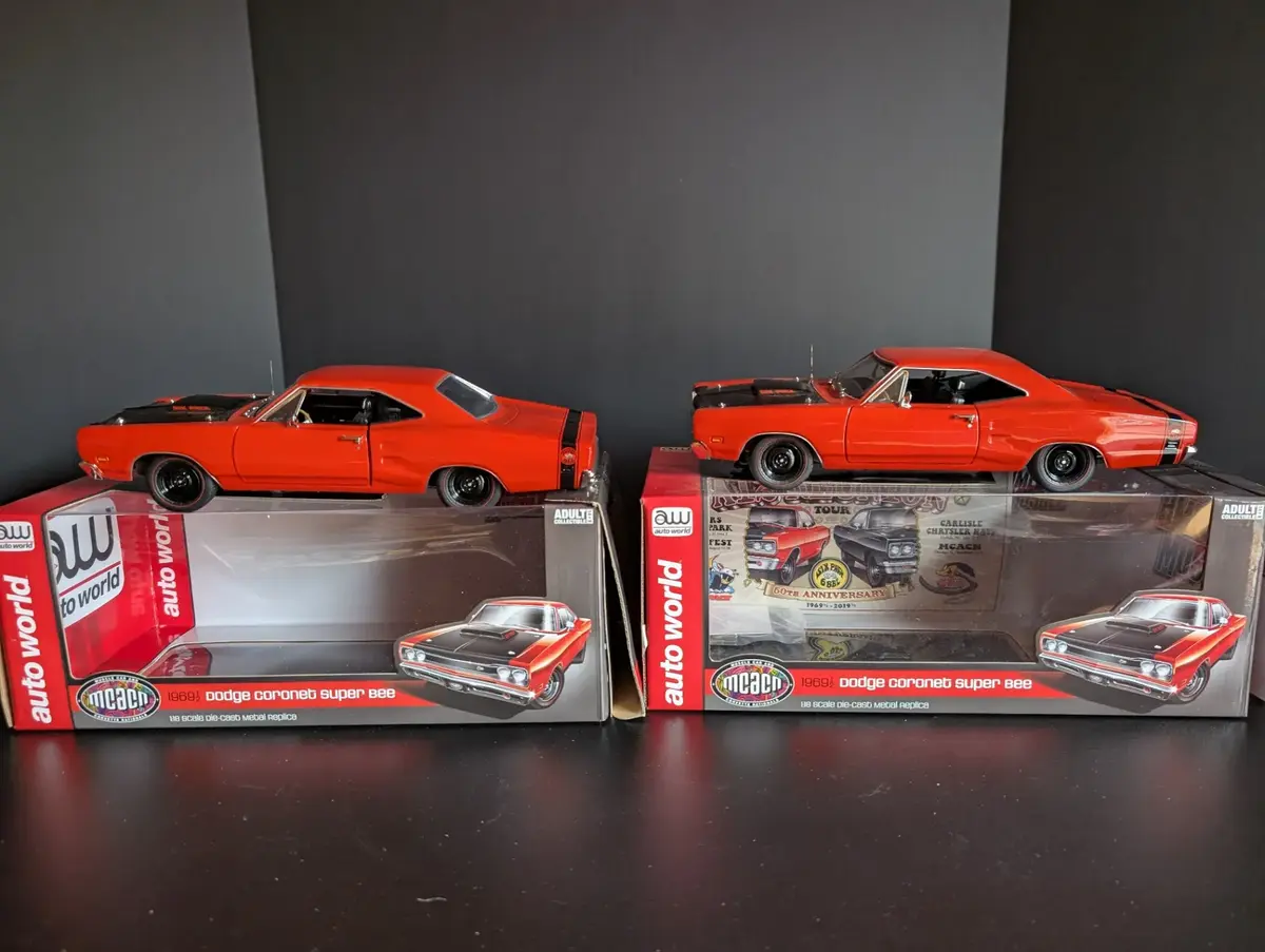 Pair of Auto World 1969 1/2 Dodge Coronet Super Bee 1:18 Die Cast Cars