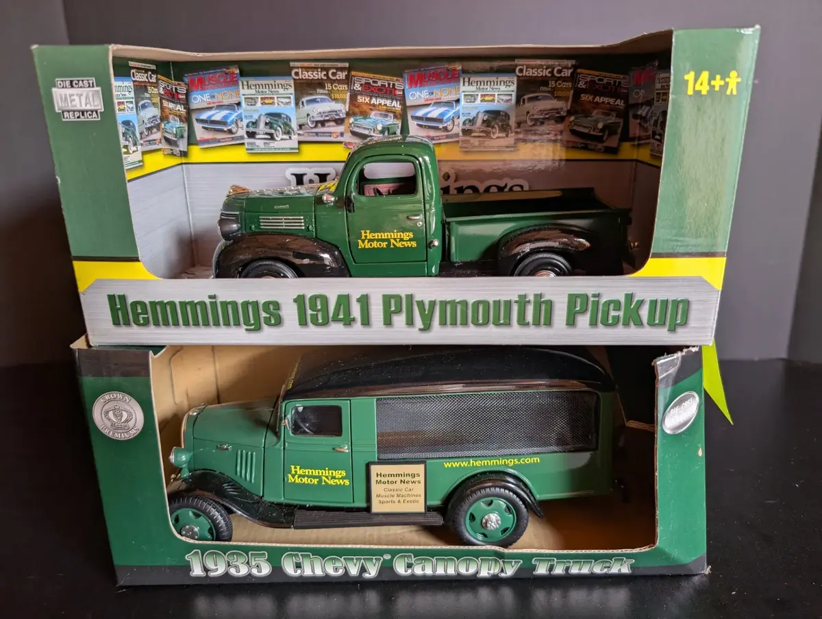 Hemmings Motor News 1:24 Die-Cast Truck Pair – 1941 Plymouth & 1935 Chevy Canopy