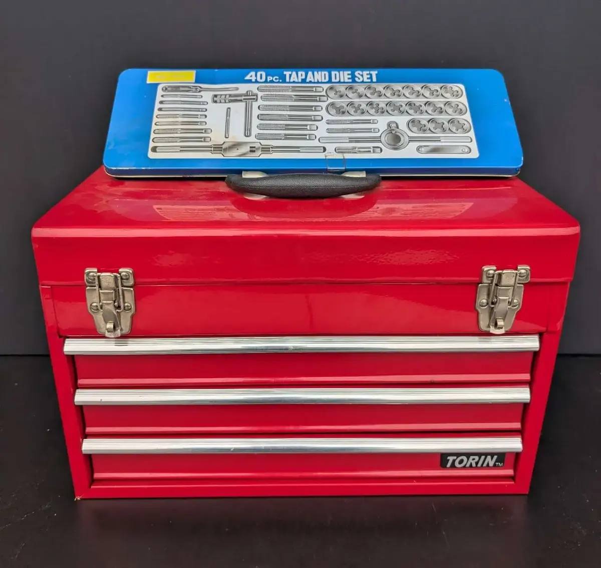 Torin 3-Drawer Metal Tool Chest with Assorted Hand Tools & Tap and Die Set