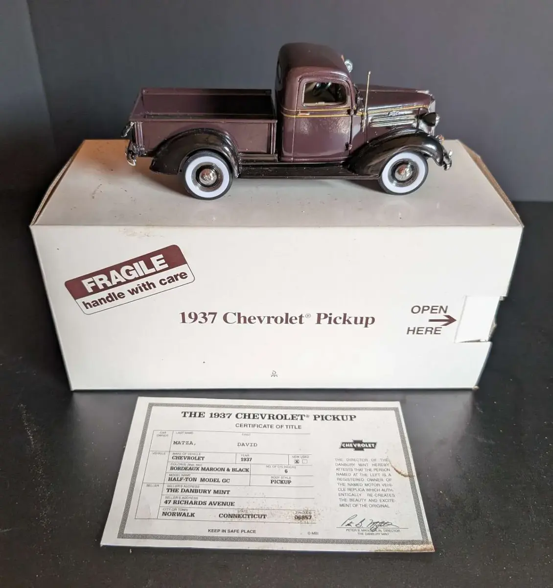 Danbury Mint 1937 Chevrolet Pickup Die-Cast Model with Box & Certificate