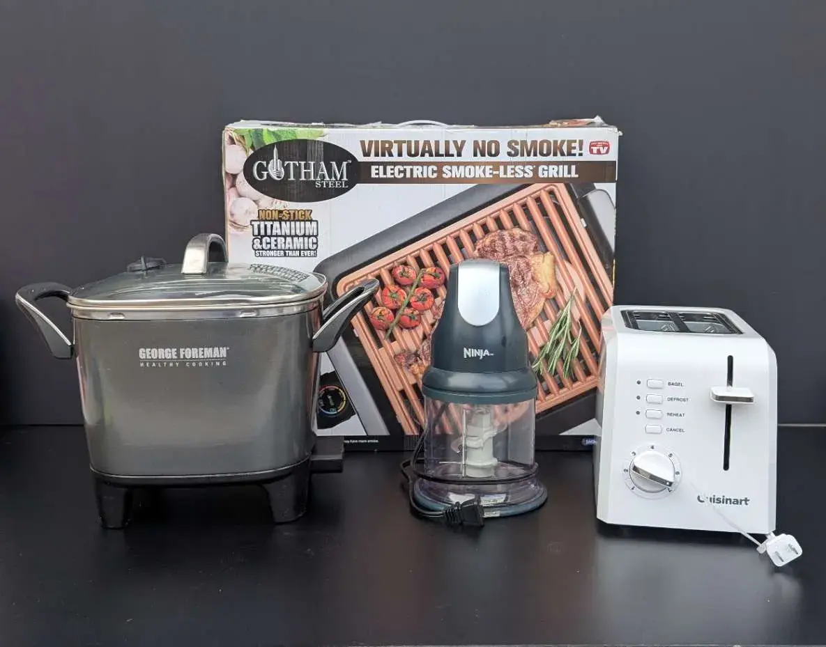 Tested Countertop Appliance Lot – George Foreman Roaster, Ninja Chopper, Cuisinart Toaster & Gotham 