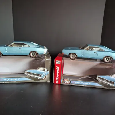 Pair of Auto World American Muscle 1969 Dodge Charger R/T 1:18 Die Cast Models