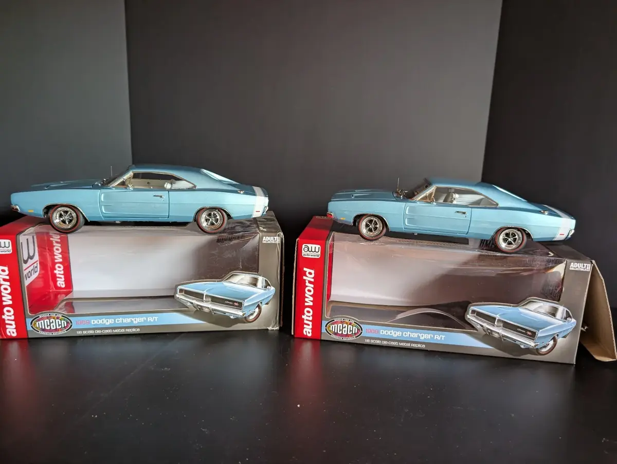 Pair of Auto World American Muscle 1969 Dodge Charger R/T 1:18 Die Cast Models