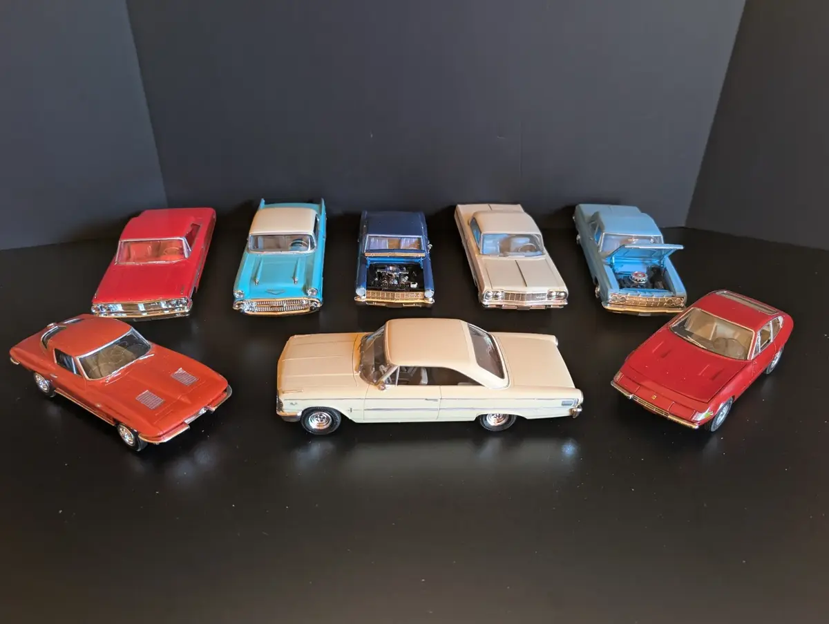 8-Piece Hand-Built Model Car Collection with Ferrari, Corvette & Classic American Cars
