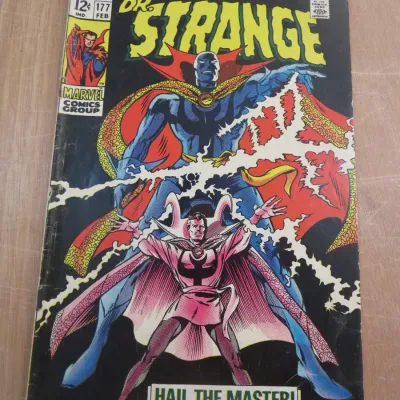 Sale Photo Thumbnail #9: Marvel Comics Doctor Strange #177, February 1969, featuring a cover with the headline "Hail the Master!" and showing some wear along the spine and edges.