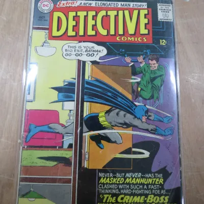 Sale Photo Thumbnail #10: Detective Comics #344, October 1965, featuring Batman and an Elongated Man story, preserved in a protective plastic sleeve.