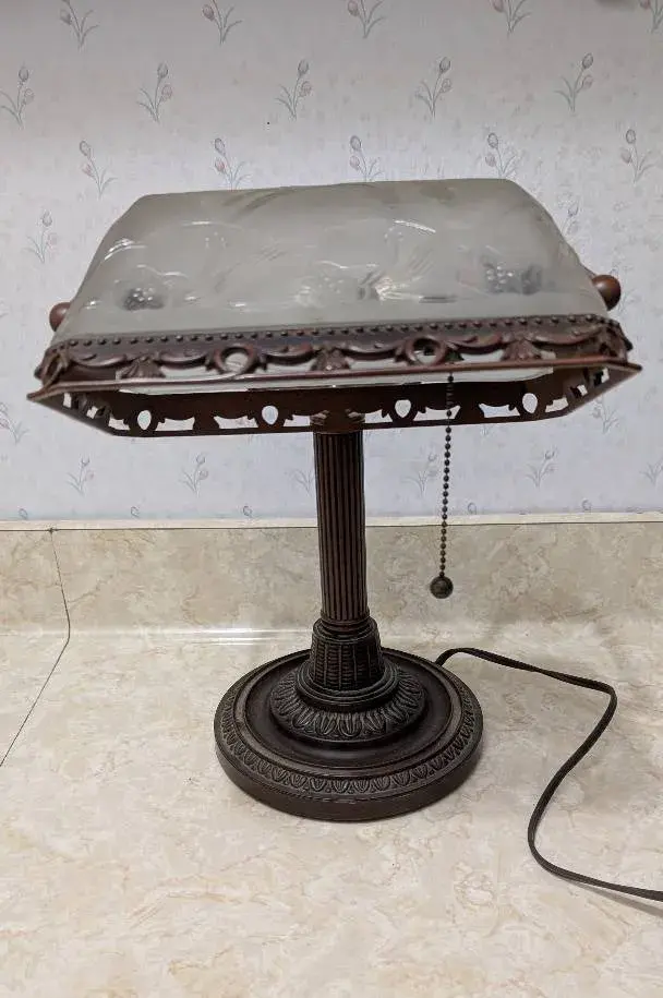 Bronze Banker's Lamp with Etched Glass Shade