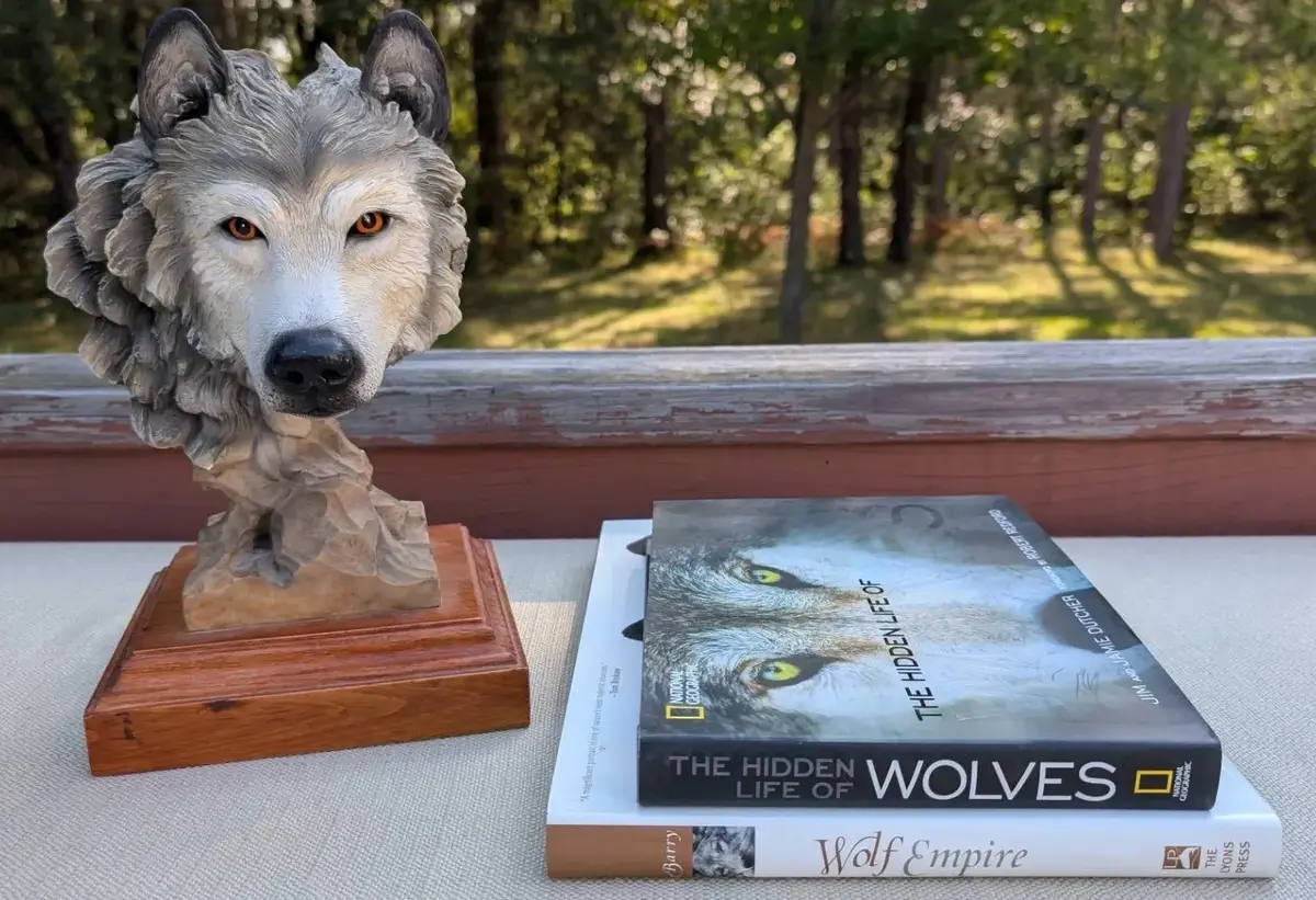 Vanmark Simon Tang Wolf Bust Sculpture and Books