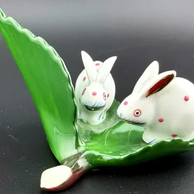 Herend Hand Painted Porcelain Polka Dot Bunnies on Leaf