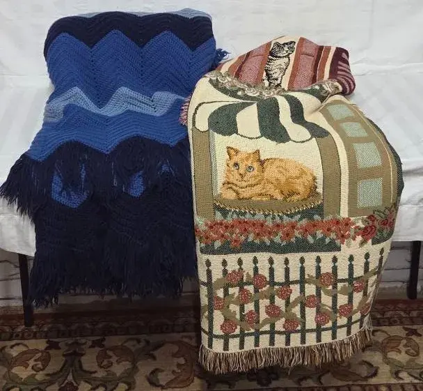 Vintage Afghan & "Cats in the Window" Woven Blanket