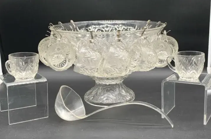 Vintage Glass Punch Bowl with 14 Cups and Ladle